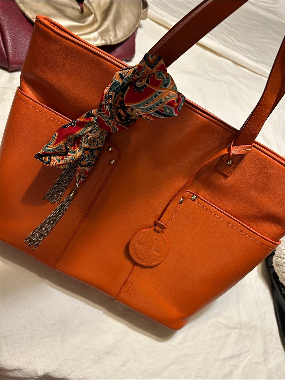 Orange Tote Bag with Scarf Accent - Designer-Inspired Women’s Tote